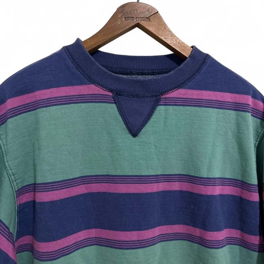 Urban Outfitters Striped V-Inset Crewneck Sweatshirt Medium Teal Navy Purple